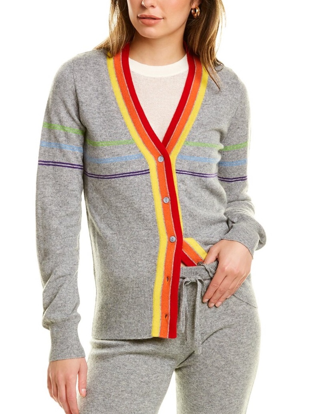 Madeleine Thompson Bella Fitted Rainbow Cardigan Cashmere/Wool Grey V-neck